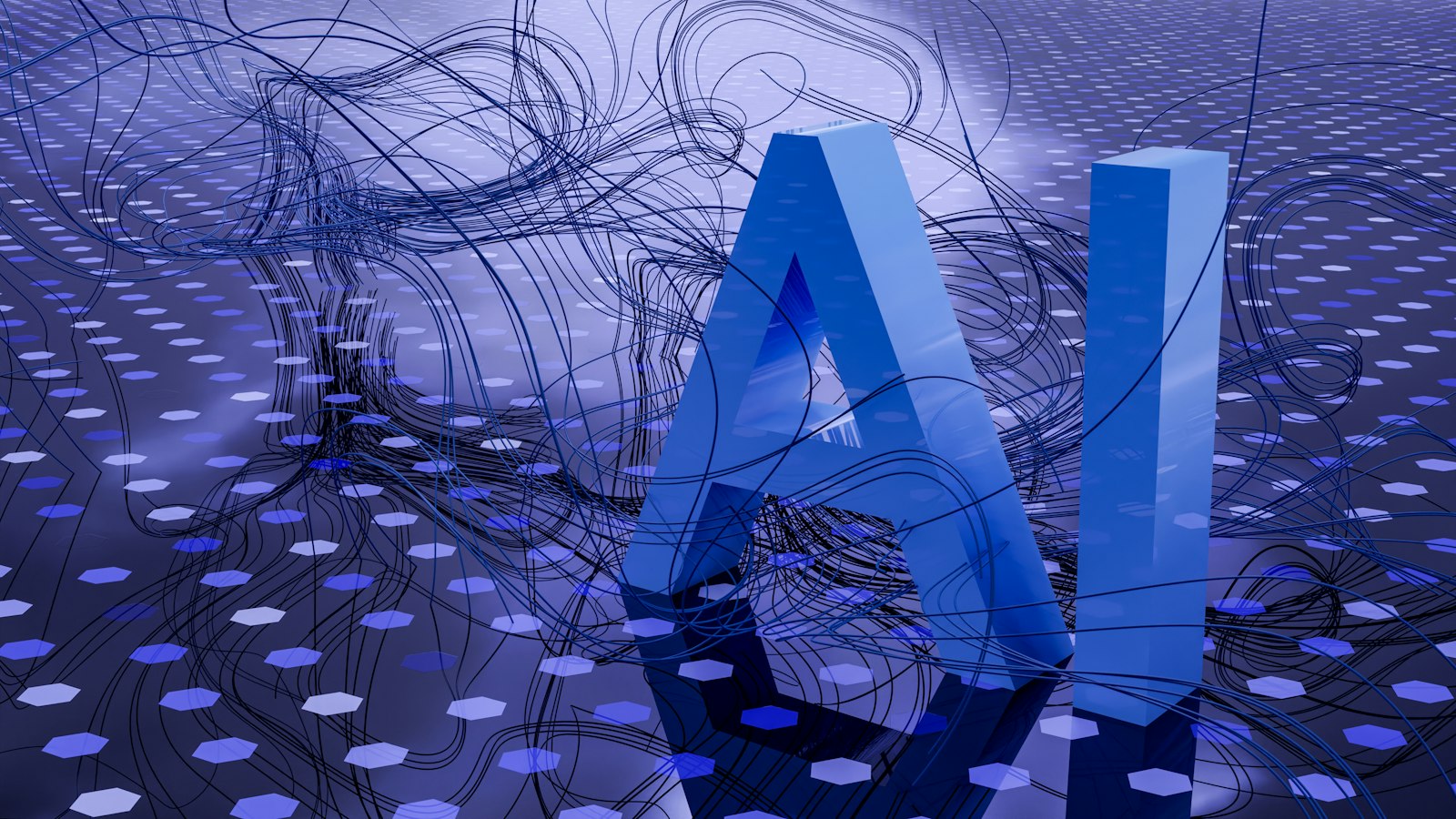 Illustration of the letters AI rising from a glowing circuit grid.
