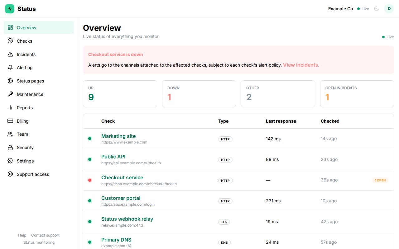 Status dashboard overview with example checks, showing nine up, one down and an open incident.