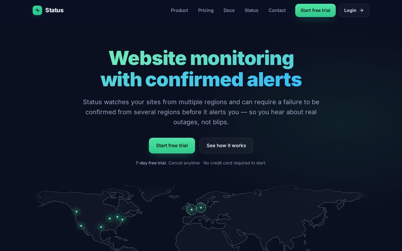 Status homepage: website monitoring with confirmed alerts.